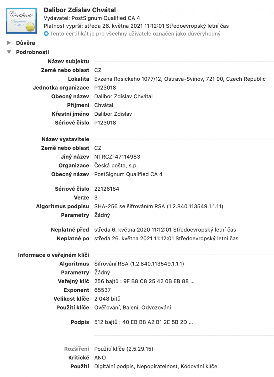Po rozkliknutí souboru k programu pro správu certifikátů (součást každého operačního systému) lze vidět a číst detaily, mj. komu je elekronický podpis vystaven a kdo jej vystavil (v tomto případě Česká pošta).