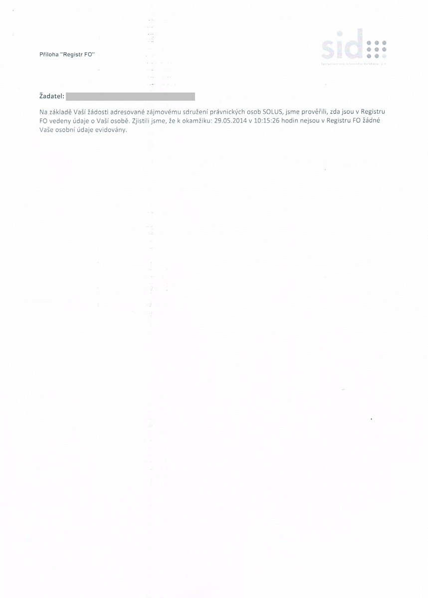 Negativní registr Solusu. Výpis údajů za fyzickou osobu. V tomto příkladu nejsou žádné záznamy, tj. vše je v pořádku.