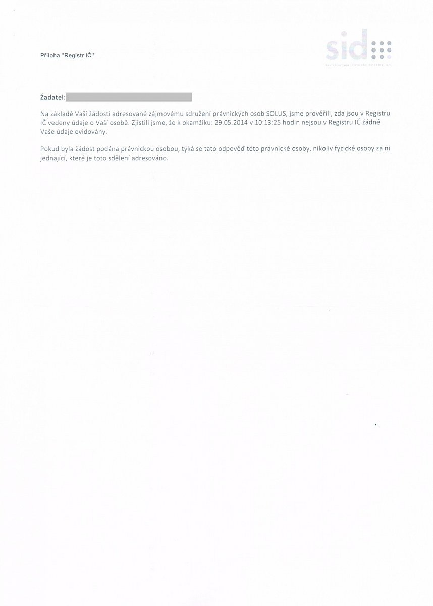 Negativní registr Solusu. Výpis údajů za OSVČ. V tomto příkladu nejsou žádné záznamy, tj. vše je v pořádku.