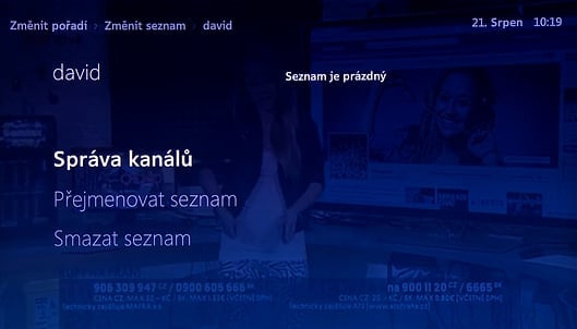 Uživatelské prostředí O2 TV – správa seznamu kanálů