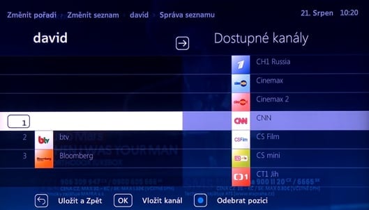 Uživatelské prostředí O2 TV – správa seznamu kanálů