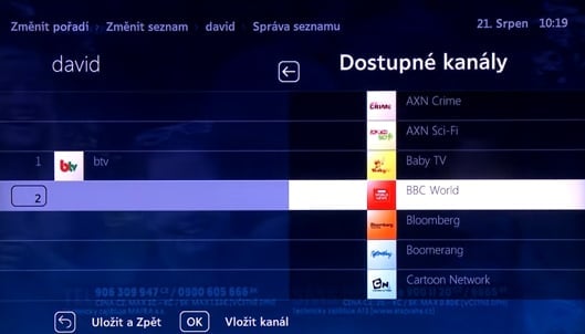 Uživatelské prostředí O2 TV – správa seznamu kanálů