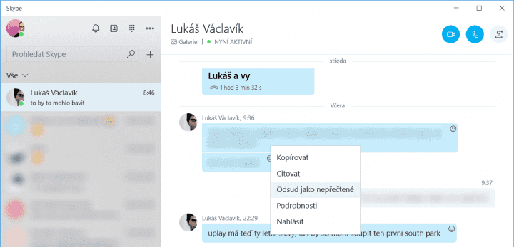 6. Kontextová nabídka ve Skypu pro Windows 10