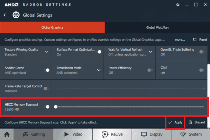 Volba zapínající High Bandwidth Cache Controller v Radeon Settings