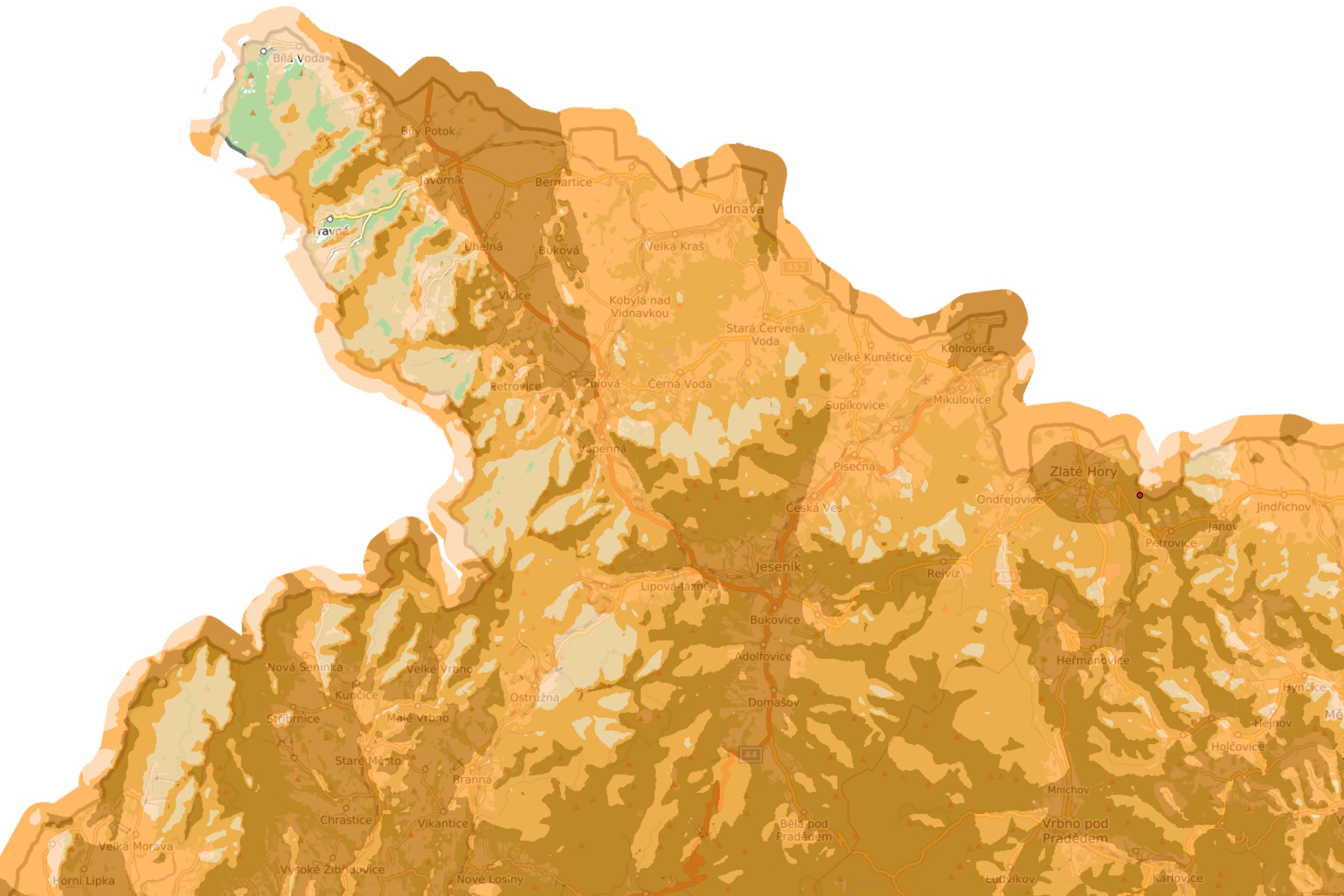 Pokrytí DVB-T2 multiplexu Czech Digital Group v Jesenickém výběžku podle mapy na webu Českého telekomunikačního úřadu