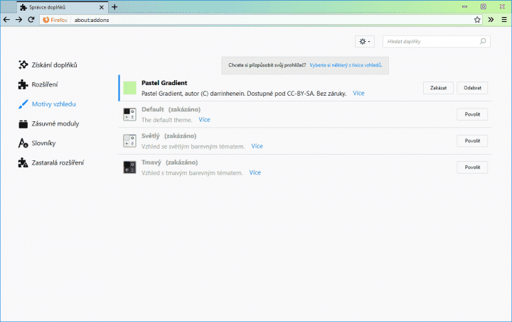 Máte-li v knihovně více motivů, zamiřte pro správu na stránku about:addons