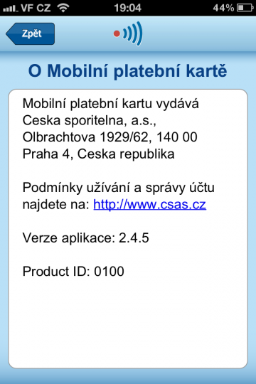 Technické údaje aplikace.