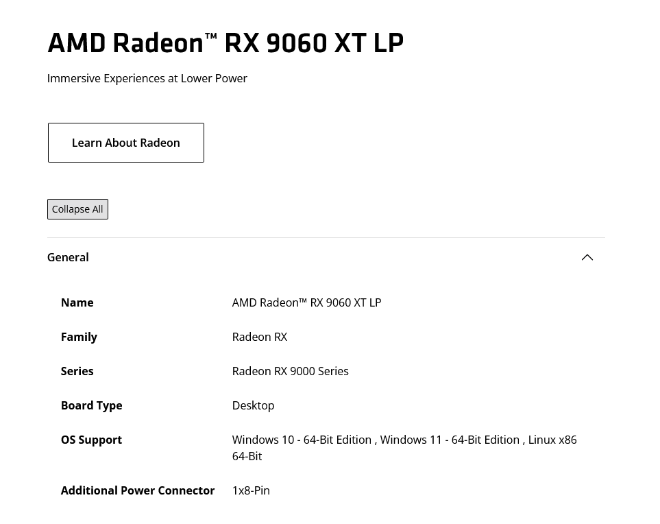 Radeon RX 9060 XT LP na webu AMD