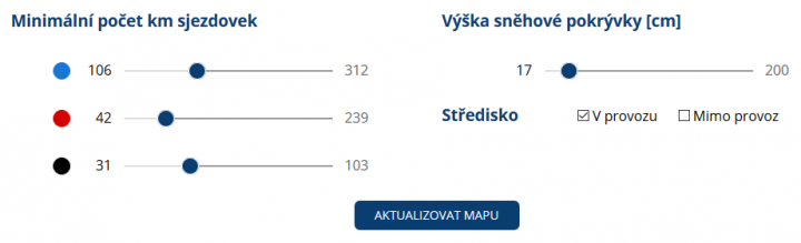 Filtrovat můžete stav provoz, výšku sněhu i délky a obtížnost sjezdovek