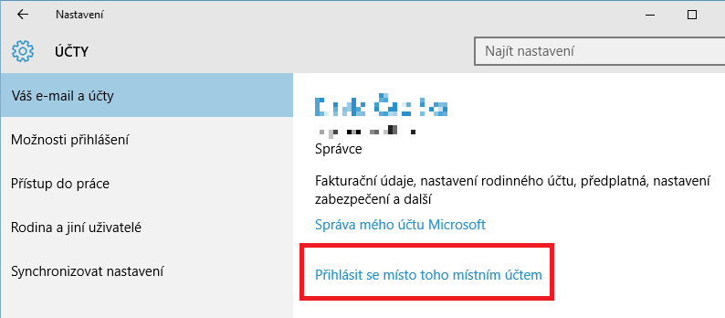 Přihlášení místním účtem ve Windows 10