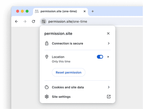 Nabídka informací o webu v Chromu s položkami Cookies and site data a Site settings.