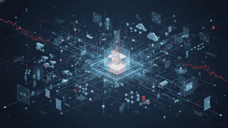 Ilustrace zobrazuje digitální uzel symbolizující Úřad pro ochranu osobních údajů, kolem něhož proudí velké množství datových signálů, ikon kamer, biometrie, umělé inteligence a evropské regulace, což vyjadřuje rostoucí tlak na ochranu osobních údajů v digitální ekonomice.