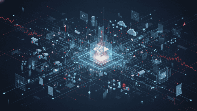 Ilustrace zobrazuje digitální uzel symbolizující Úřad pro ochranu osobních údajů, kolem něhož proudí velké množství datových signálů, ikon kamer, biometrie, umělé inteligence a evropské regulace, což vyjadřuje rostoucí tlak na ochranu osobních údajů v digitální ekonomice.