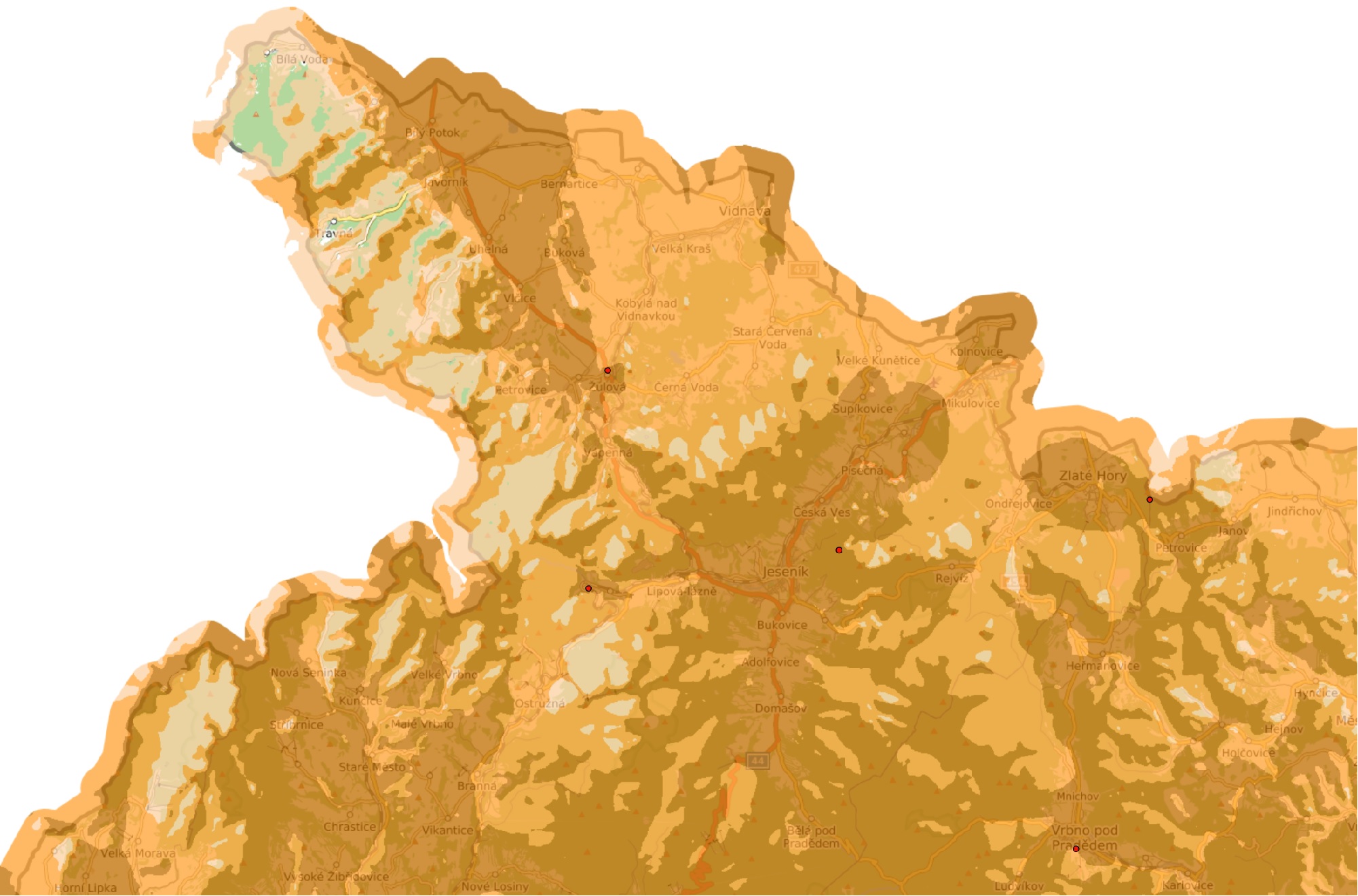 Pokrytí DVB-T2 multiplexu České televize v Jesenickém výběžku podle mapy na webu Českého telekomunikačního úřadu