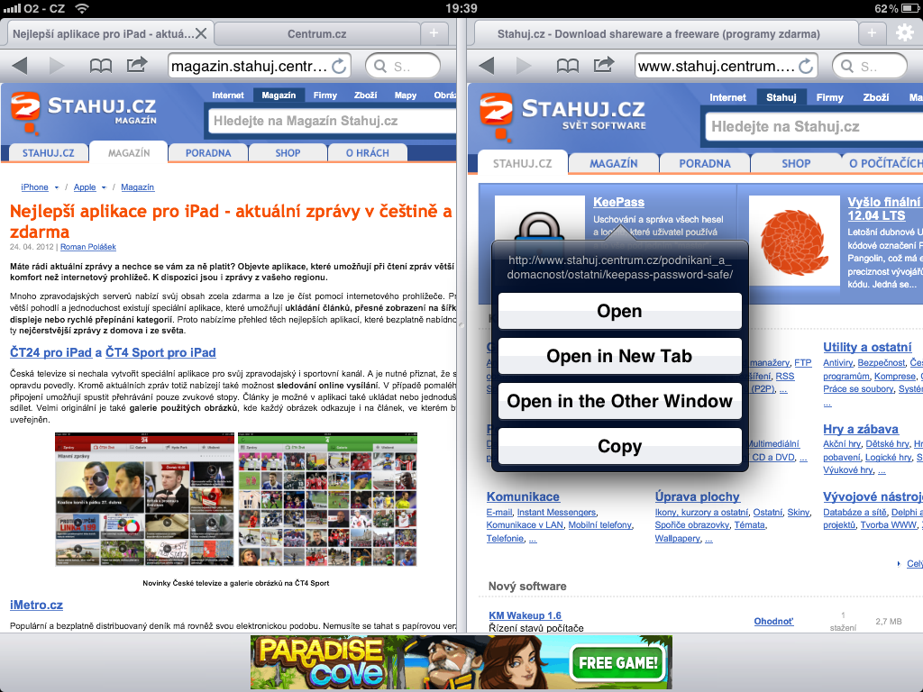Hlavní funkcí prohlížeče Duet Browser je zobrazení dvou záložek najednou