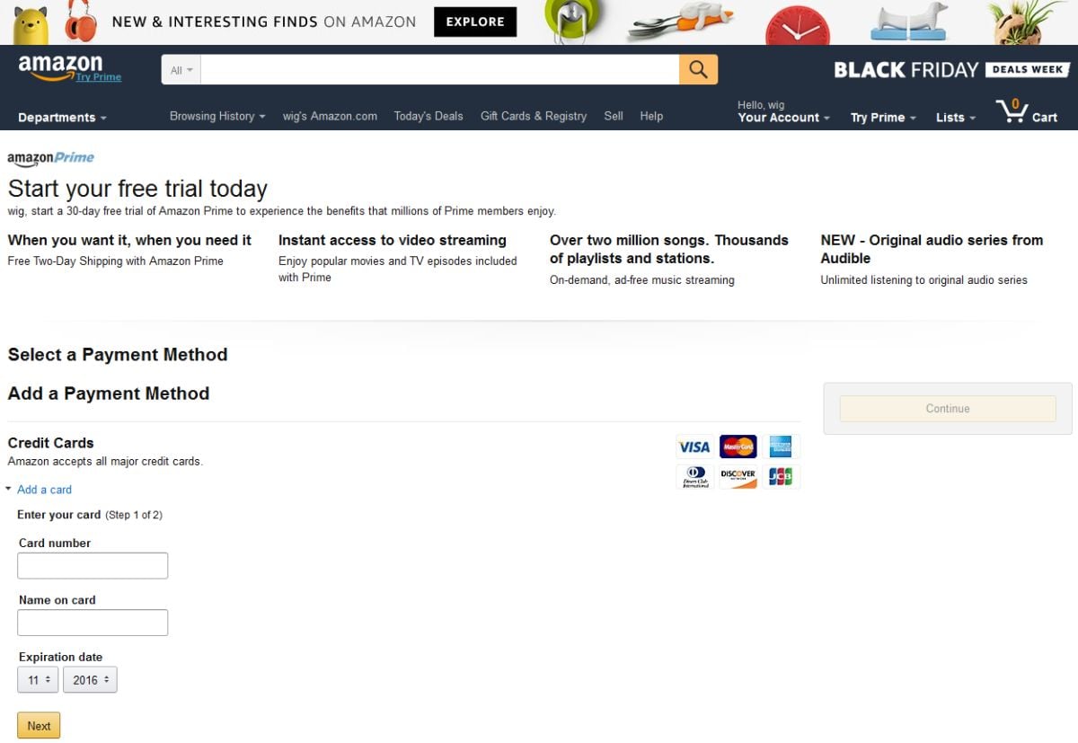 Povšimněte si, že ještě před výběrem platební metody máte založen účet...