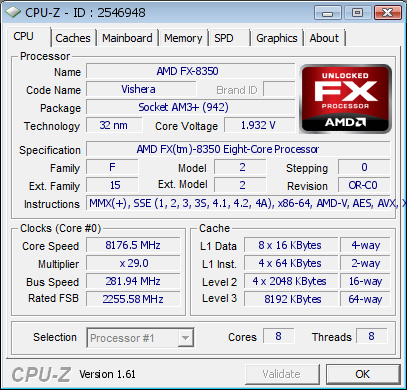 Snímek parametrů přetatkovaného FX-8350 v CPU-Z