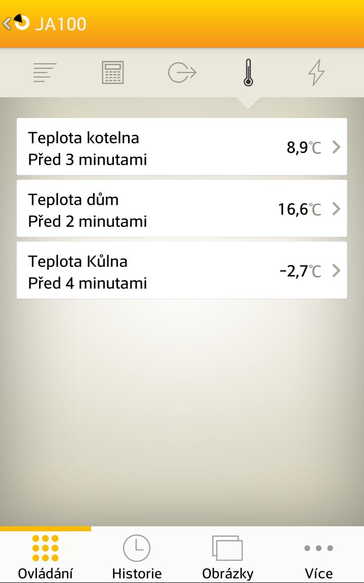Odběry z teplotních čidel. Ťuknutím na jednotlivé položky si můžete prohlížet denní graf, ale třeba i měsíční s podrobným zobrazením mj. i průměrné teploty za dané období.