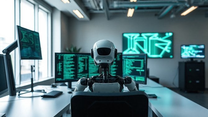 AI umělá inteligence sedí u PC robot