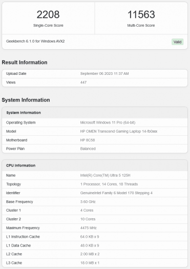 HP Omen Transcend Gaming Laptop 14-fb0xxx s procesorem Intel Core Ultra 5 125H v databázi Geekbench