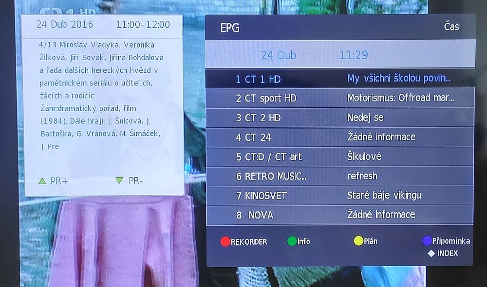 Základní náhled EPG s rozšířenou popiskou pro vybraný pořad.