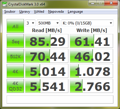 Výsledky Crystal Disk Marku na USB 3.0