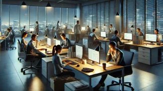 Kancelář plná lidí, kteří sedí v noci u počítačů.