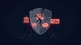 Ilustrace konceptu kybernetických hrozeb v první polovině roku 2026 – praskající digitální štít odhaluje zneužité symboly důvěry: vládní budovu, rodinný snímek, nákupní košík, chatovou bublinu a reklamní banner, propojené sítí uzlů umělé inteligence na tmavém pozadí.