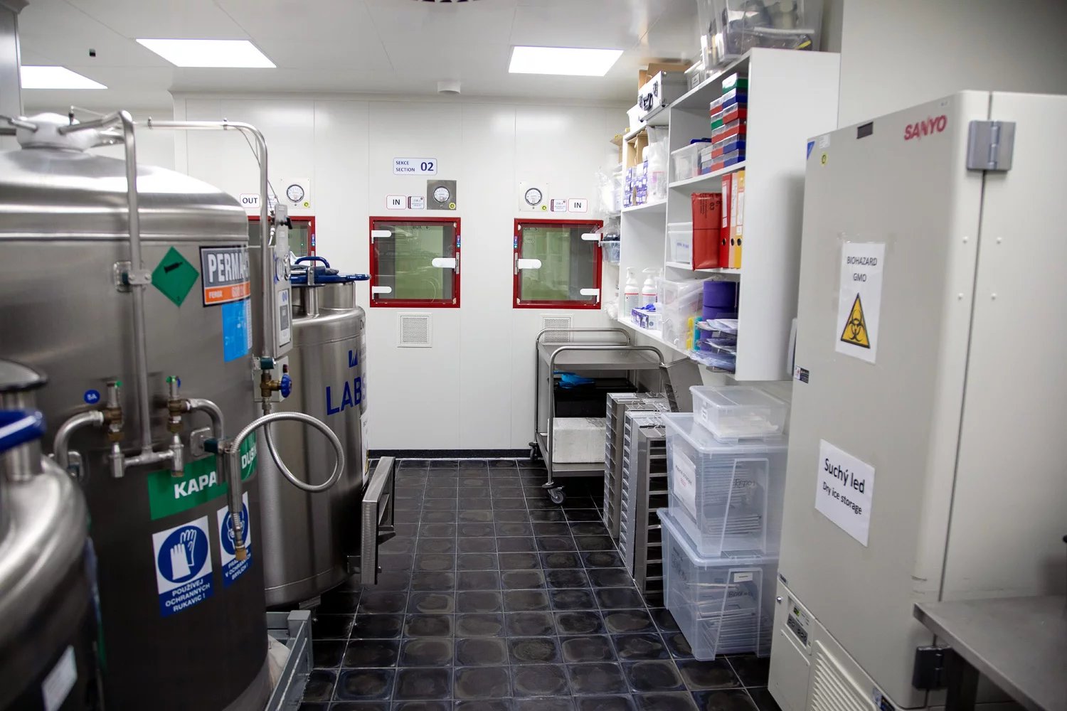 Nápisy „biohazard“ a „GMO“ (vidíte je na mrazáku vpravo) tady nejsou náhodě. V laboratořích i jejich zázemí pracují výzkumníci s geneticky modifikovaným virem, což vyžaduje nejen povolení státu (lékový ústav, Ministerstvo životního prostředí), specifické pracovní postupy, ale i speciální likvidaci odpadu v uzavřených vacích. Do spalovny k tomu určené je denně sváží externí firma.