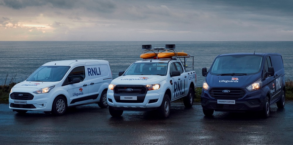 RNLI's beach patrol Ford Ranger, middle, with Connect, left and Transit Custom