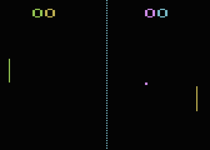 Scéna ze hry Pong, ve které jsem použil jen čtyři hráče a čtyři střely (PMG).