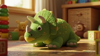 Plyšový dinosaurus triceratops odkazující na maskota Debianu Trixie