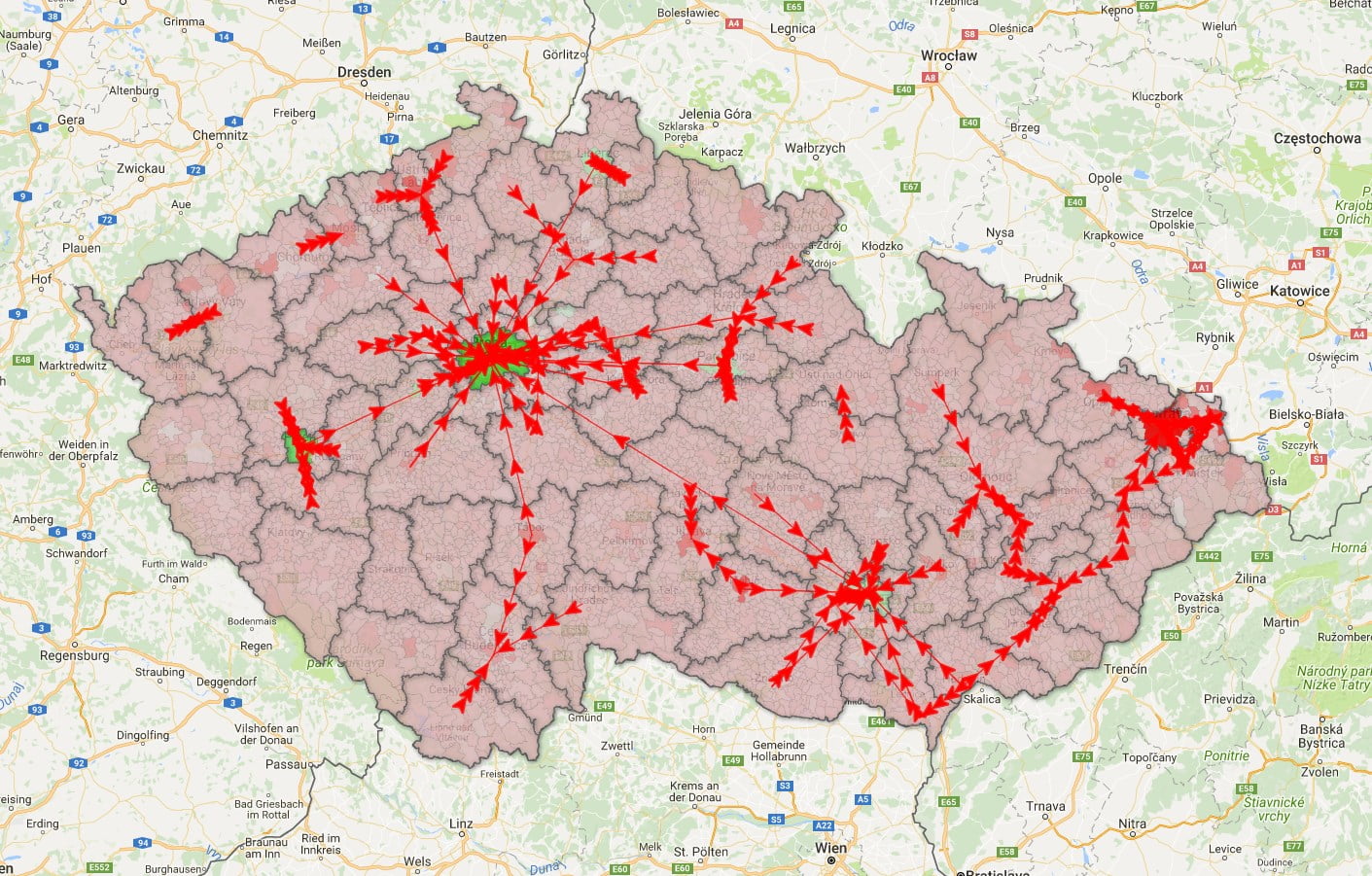 Vizualizátor dat ČSÚ ukázal na dynamické mapě, jak se lidé přesouvají za prací