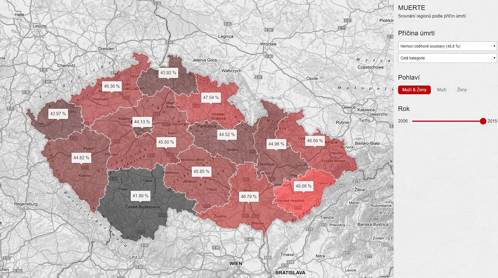 Muerte - jak na mapě zobrazovat data o příčinách úmrtí lidí v Česku.