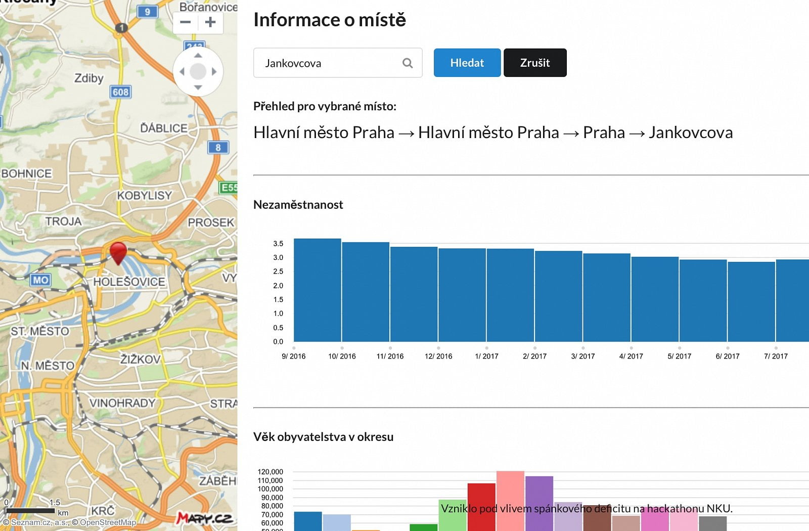 Aplikace Kvalita místa zobrazuje údaje o kvalitě života v konkrétní ulici