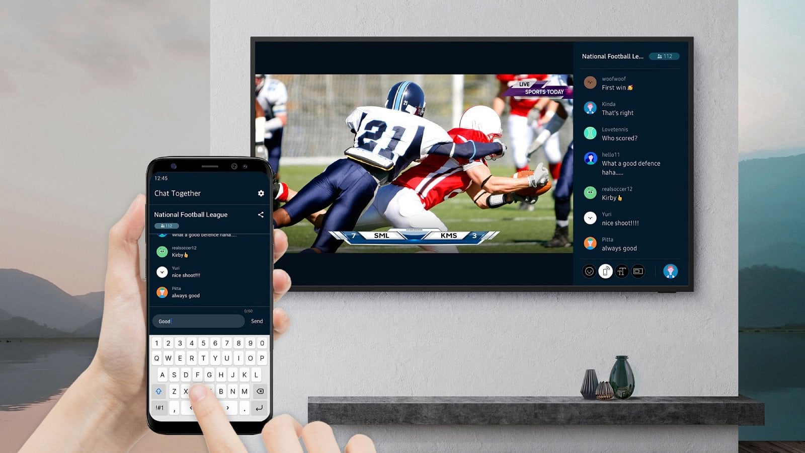 Pokud je pro vás pouhé sledování obrazovky příliš nudné, aktivujte skupinový chat v reálném čase při sledování živého televizního vysílání. Související mobilní aplikace od Samsungu je k dispozici pro systémy Android i iOS.