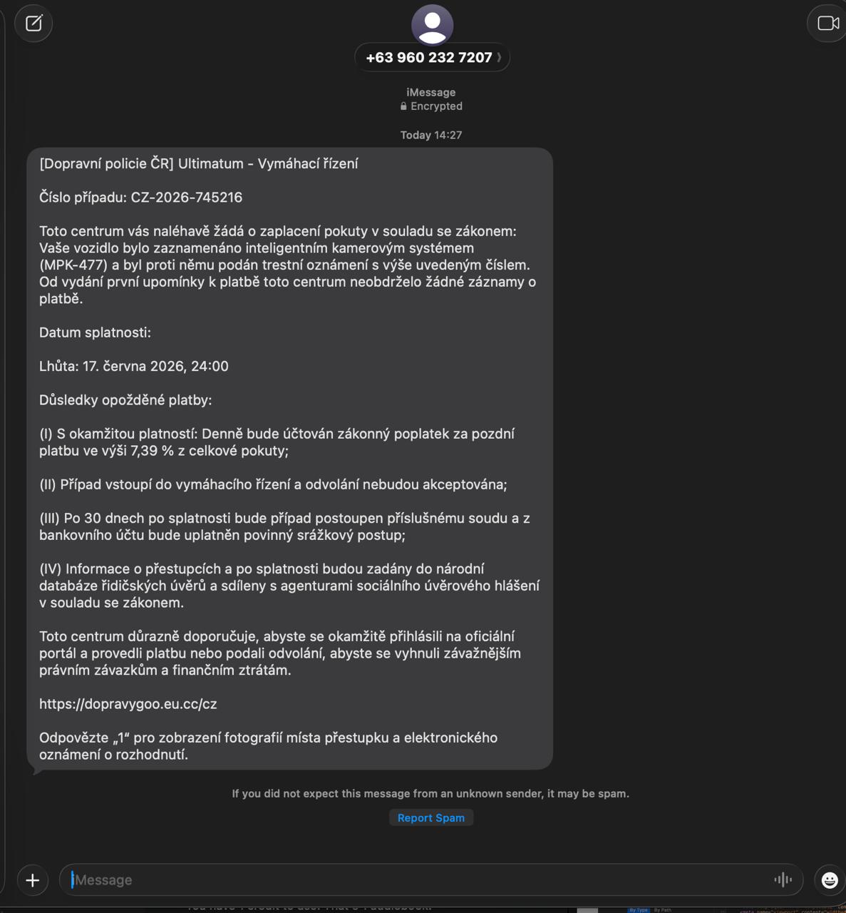 Příklad podvodné zprávy o zaplacení pokuty