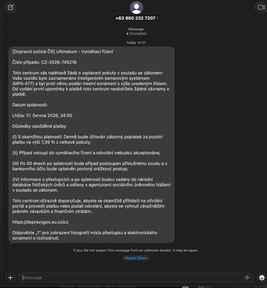 Příklad podvodné zprávy o zaplacení pokuty