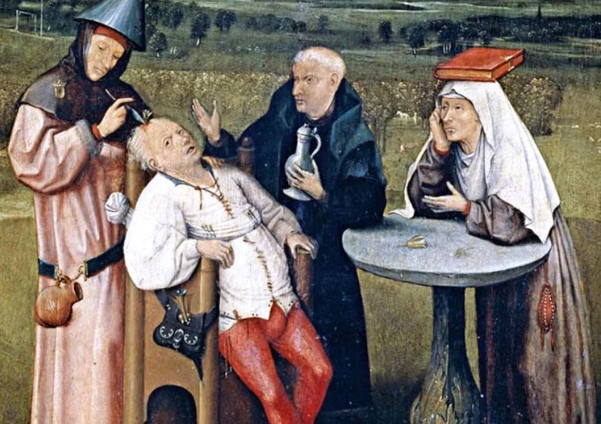 Vytahování kamene šílenství z hlavy, Hieronymus Bosch, datováno přibližně do let 1501 - 1505