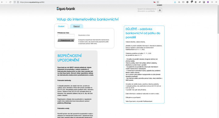 Původní internetové bankovnictví Equa bank. Banka byla v pondělí 14. 11. 2022 plně integrována do Raiffeisenbank. (11/2022)