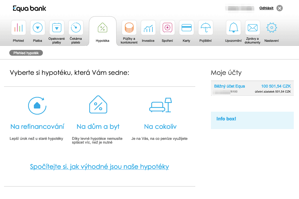 Původní internetové bankovnictví Equa bank. Banka byla v pondělí 14. 11. 2022 plně integrována do Raiffeisenbank. (11/2022)