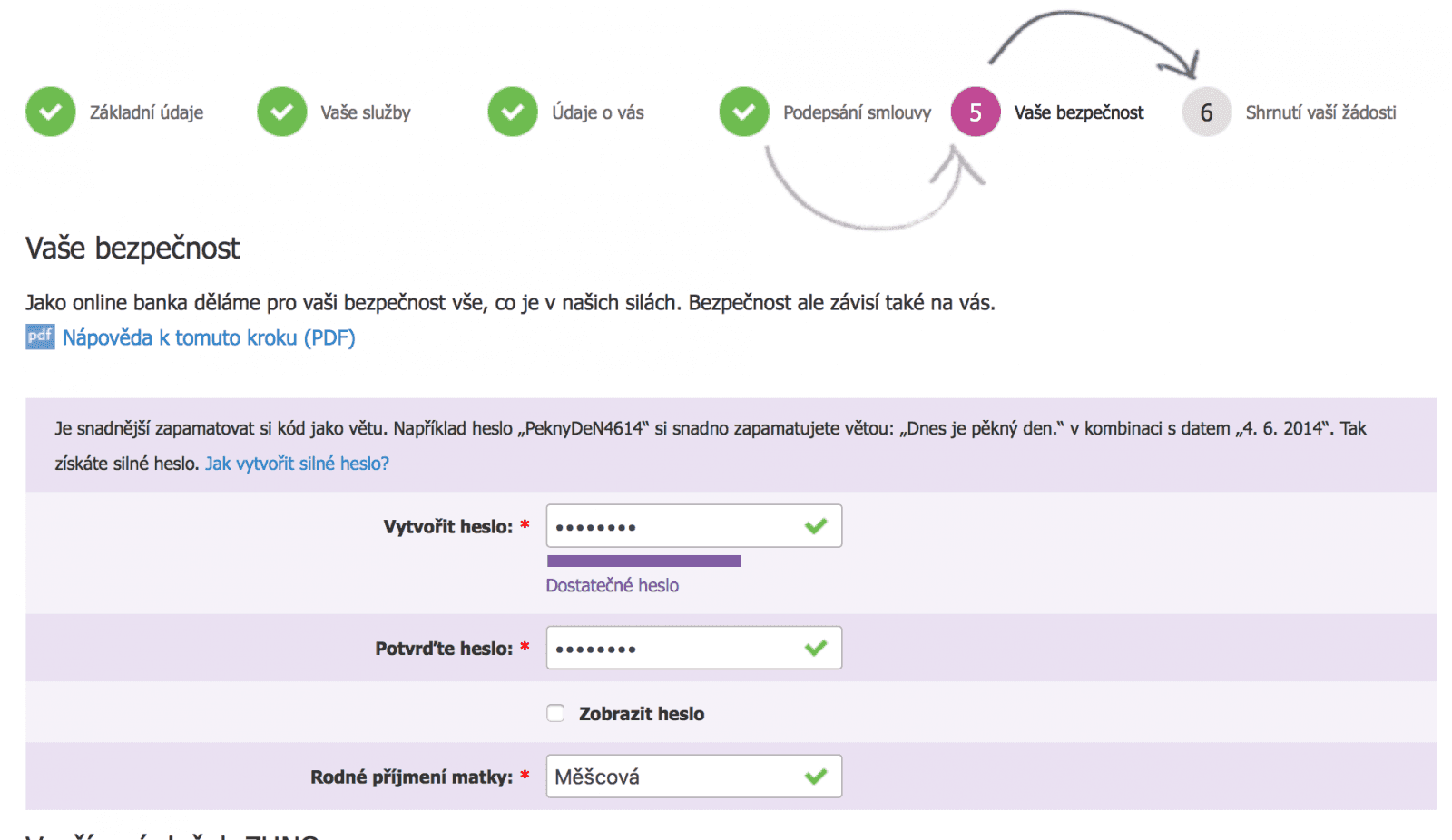 Volba hesla pro internetové bankovnictví.