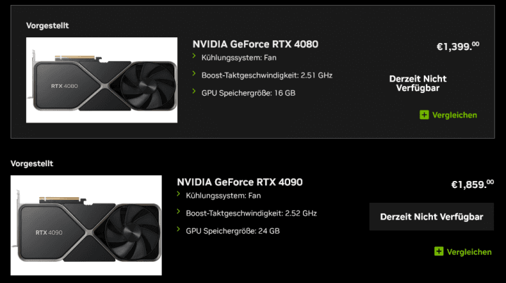 Snížené ceny grafik GeForce RTX 4090 a RTX 4080 na oficiálních stránkách Nvidie