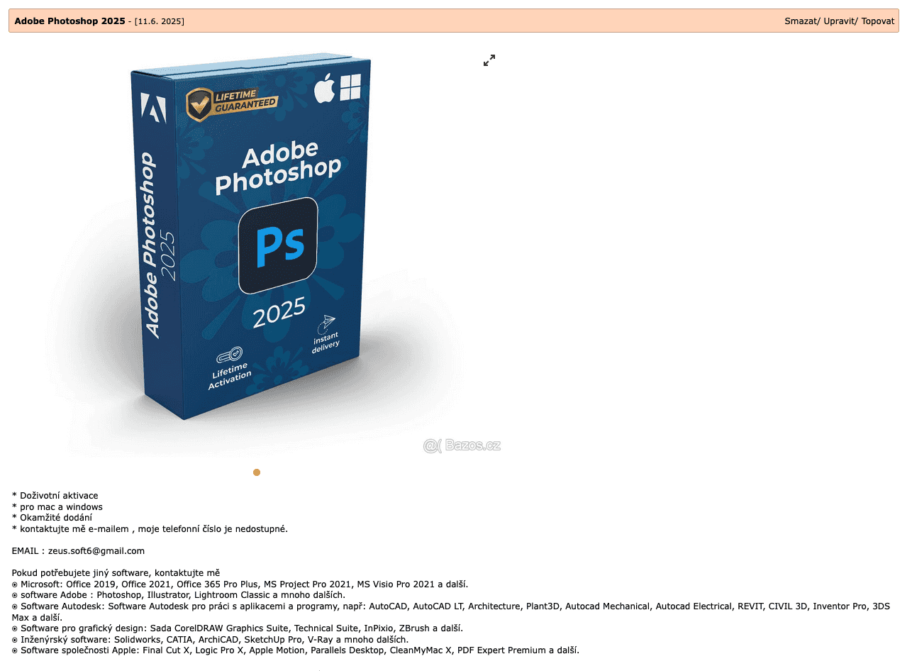 Podvodník inzeruje na bazos.cz licence na známý software za cenu 650-980 Kč. Samotná platba přes PayPal je na stejnou částku, ale  v eurech. Platba míří do Bulharska na bulharský platební účet. (12. 06. 2025)
