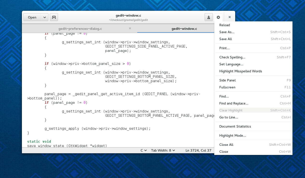 Gedit s rozhraním GNOME 3