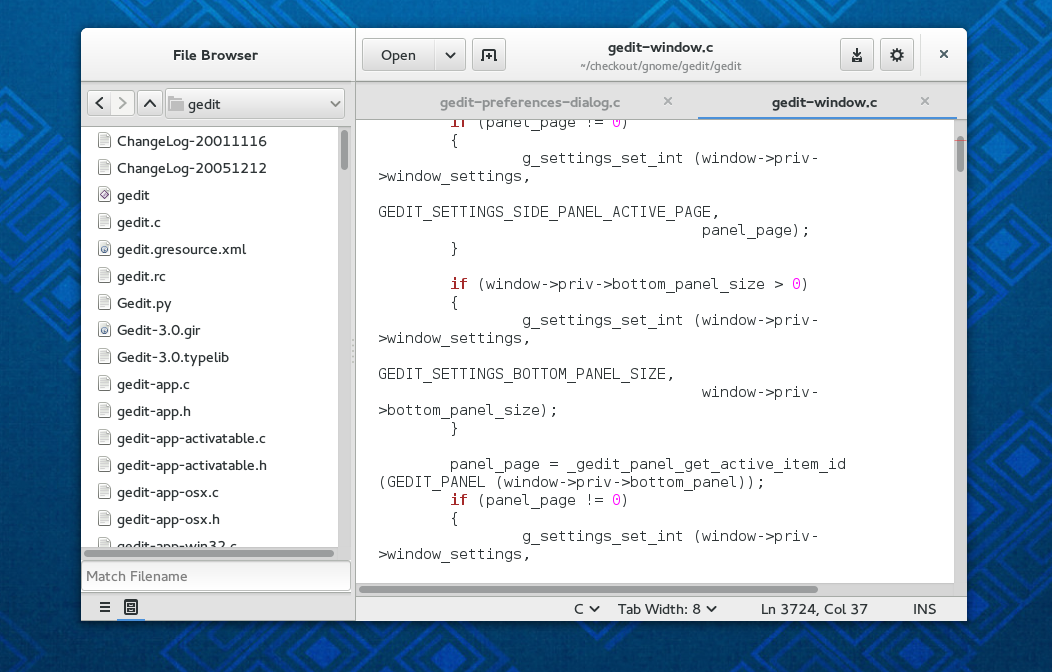 Gedit s rozhraním GNOME 3
