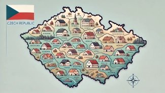 Mapa České republiky s naznačeným rozdělením na kraje.