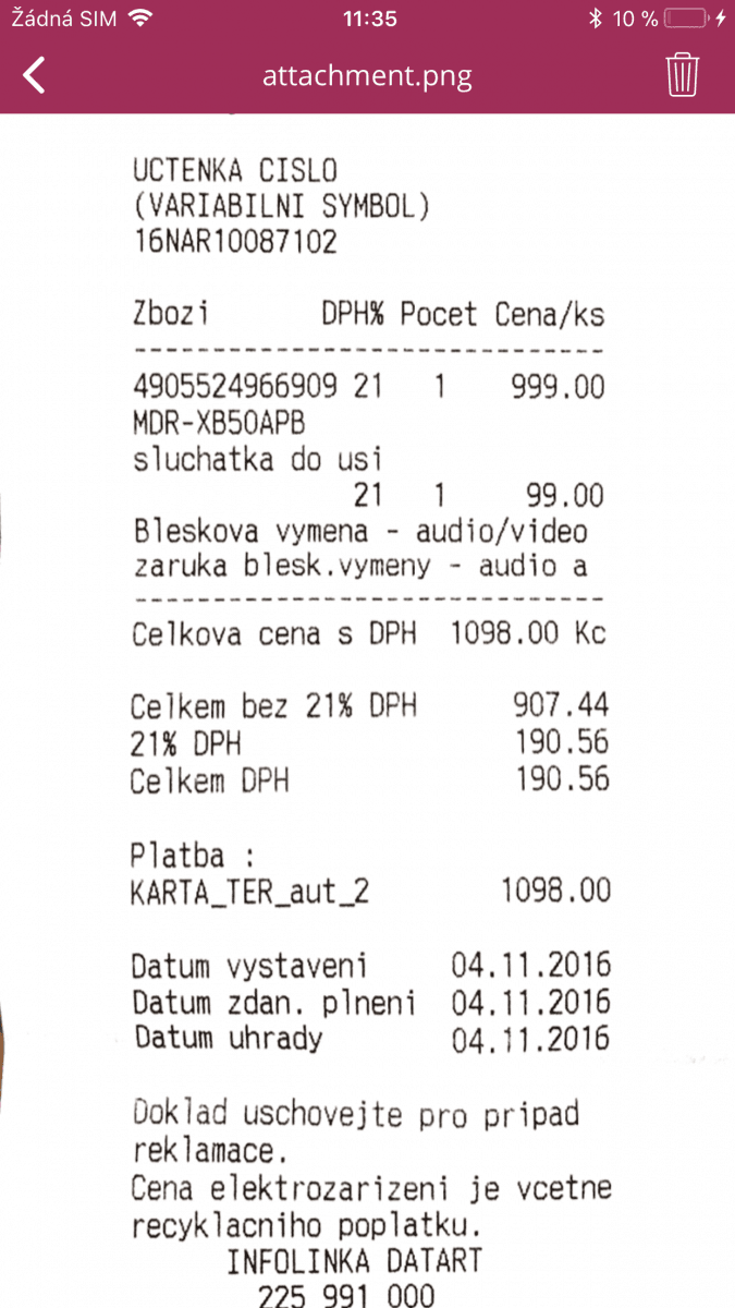 Mobilní bankovnictví George: Uložená účtenka