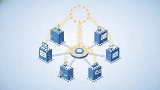 Infografika zobrazující sedm českých ministerstev v izometrické perspektivě uspořádaných do půlkruhu. Ministerstvo financí s projektem ADIS za 3,3 miliardy a AI pro daně. Ministerstvo spravedlnosti s prasklou budovou závislé na 670 milionech z EU. MZV s globální sítí a projektem ELVIS za 263 milionů. Zemědělství s AgriGIS a digitálními průvodními listy skotu. Školství s registrem žáků za 235 milionů a prázdnými IT pozicemi. MMR s havarovanou digitalizací stavebního řízení za 360 milionů. Ministerstvo vnitra jako největší příjemce 9 miliard z EU s e-Legislativou a AI pro obce. Centrální uzel propojuje resorty, shora proudí evropské finance.