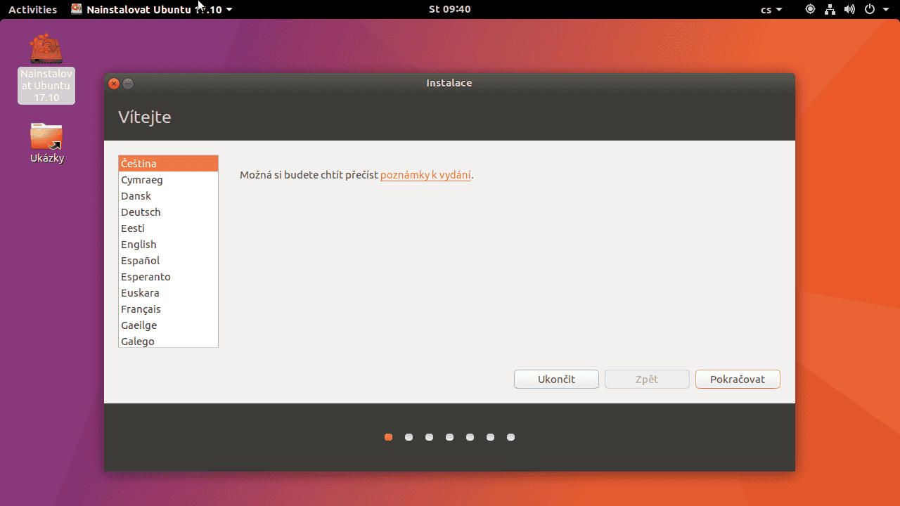 Průběh instalace v Gnome.